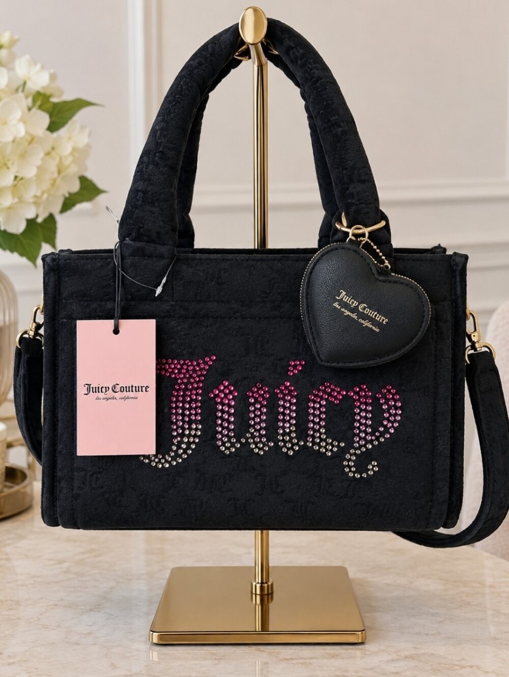 New!! Juicy Couture Black Satchel with Pink/Silver Crystal Logo & Heart Charm